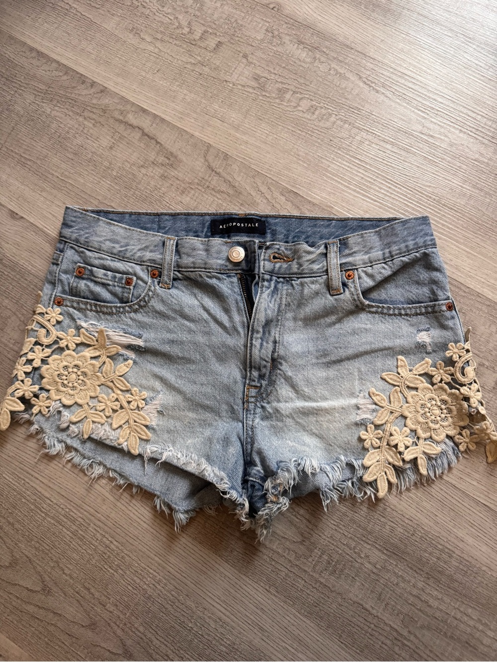 Aeropostale Faded Blue Denim Shorts with Cream Floral Lace